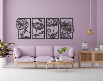 Štvordielny drevený obraz - Lúčnych kvetov - Antracit